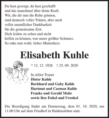 Traueranzeige von Elisabeth Kuhle  von Magdeburger Volksstimme