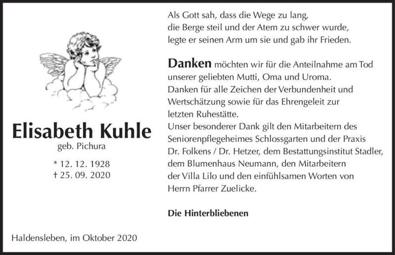  Traueranzeige für Elisabeth Kuhle (geb. Pichura)  vom 10.10.2020 aus Magdeburger Volksstimme