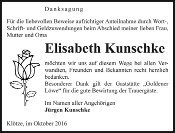 Traueranzeige von Elisabeth Kunschke  von Magdeburger Volksstimme