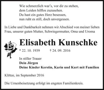 Traueranzeige von Elisabeth Kunschke  von Magdeburger Volksstimme