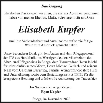 Traueranzeige von Elisabeth Kupfer  von Magdeburger Volksstimme