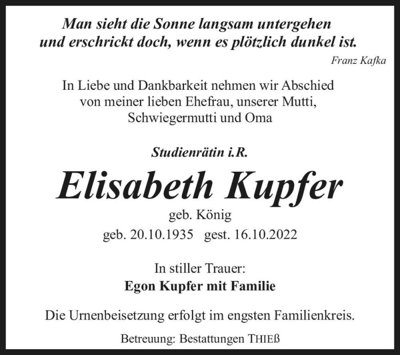  Traueranzeige für Elisabeth Kupfer (geb. König)  vom 22.10.2022 aus Magdeburger Volksstimme
