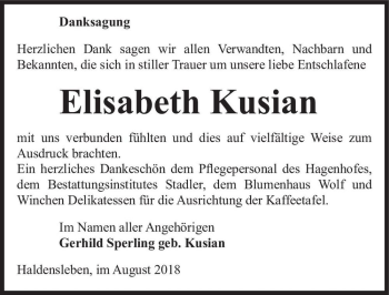 Traueranzeige von Elisabeth Kusian  von Magdeburger Volksstimme