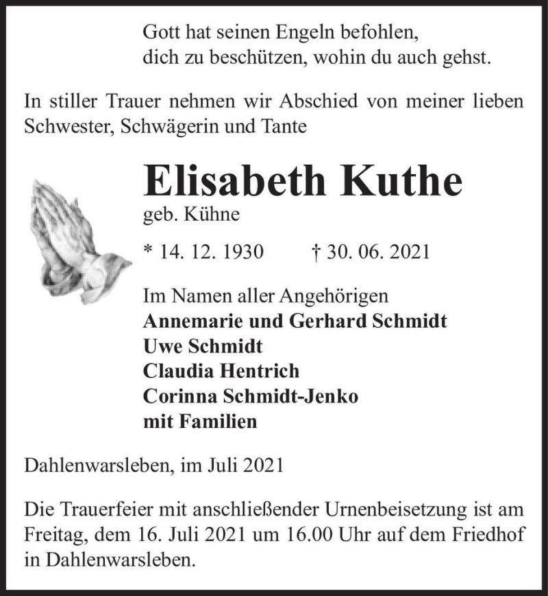 Traueranzeige für Elisabeth Kuthe (geb. Kühne)  vom 03.07.2021 aus Magdeburger Volksstimme