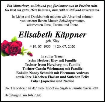 Traueranzeige von Elisabeth Käppner (geb. Kley)  von Magdeburger Volksstimme