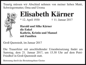 Traueranzeige von Elisabeth Kärner  von Magdeburger Volksstimme
