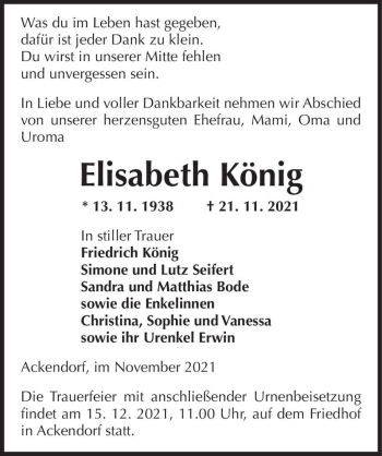 Traueranzeige von Elisabeth König  von Magdeburger Volksstimme