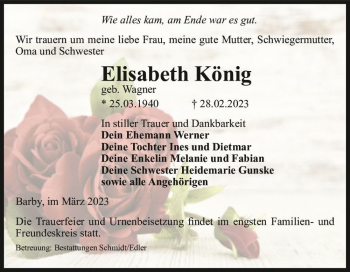 Traueranzeige von Elisabeth König (geb. Wagner)  von Magdeburger Volksstimme