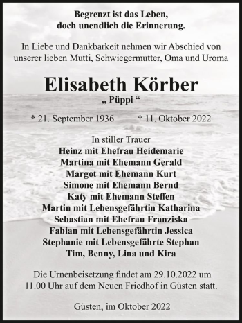 Traueranzeige von Elisabeth Körber 