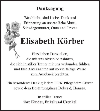Traueranzeige von Elisabeth Körber  von Magdeburger Volksstimme