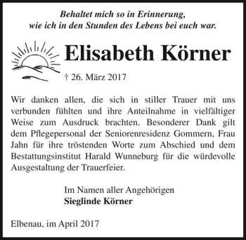 Traueranzeige von Elisabeth Körner  von Magdeburger Volksstimme