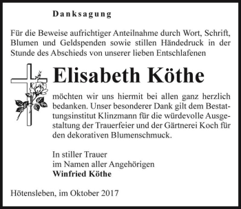 Traueranzeige von Elisabeth Köthe  von Magdeburger Volksstimme