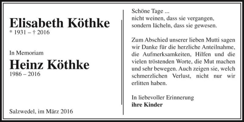  Traueranzeige für Elisabeth Köthke und Heinz Köthke  vom 22.03.2016 aus Magdeburger Volksstimme