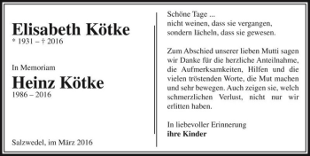 Traueranzeige von Elisabeth Kötke und Heinz Kötke  von Magdeburger Volksstimme