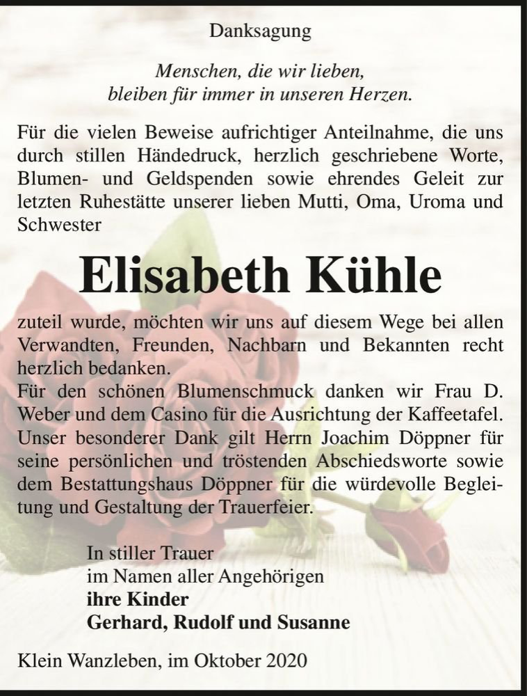  Traueranzeige für Elisabeth Kühle  vom 30.10.2020 aus Magdeburger Volksstimme