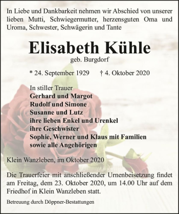 Traueranzeige von Elisabeth Kühle (geb. Burgdorf)  von Magdeburger Volksstimme