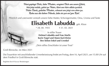 Traueranzeige von Elisabeth Labudda (geb. Klaus)  von Magdeburger Volksstimme