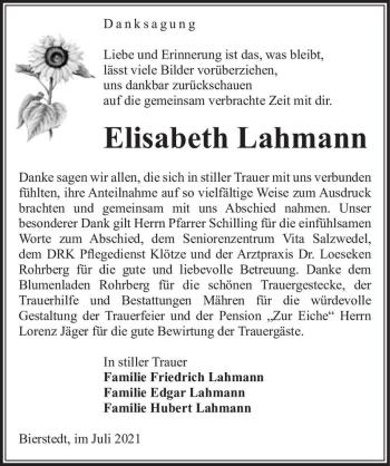 Traueranzeige von Elisabeth Lahmann  von Magdeburger Volksstimme