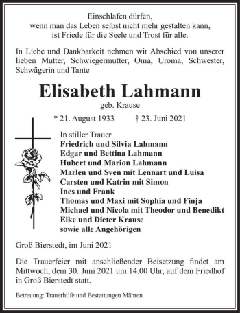 Traueranzeige von Elisabeth Lahmann (geb. Krause)  von Magdeburger Volksstimme
