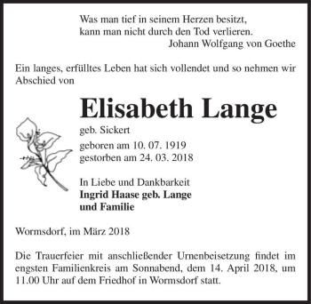 Traueranzeige von Elisabeth Lange (geb. Sickert)  von Magdeburger Volksstimme