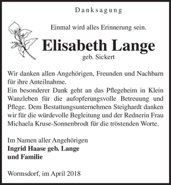 Traueranzeige von Elisabeth Lange (geb. Sickert)  von Magdeburger Volksstimme