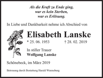 Traueranzeige von Elisabeth Lanske  von Magdeburger Volksstimme
