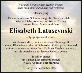 Traueranzeige von Elisabeth Latuscynski  von Magdeburger Volksstimme