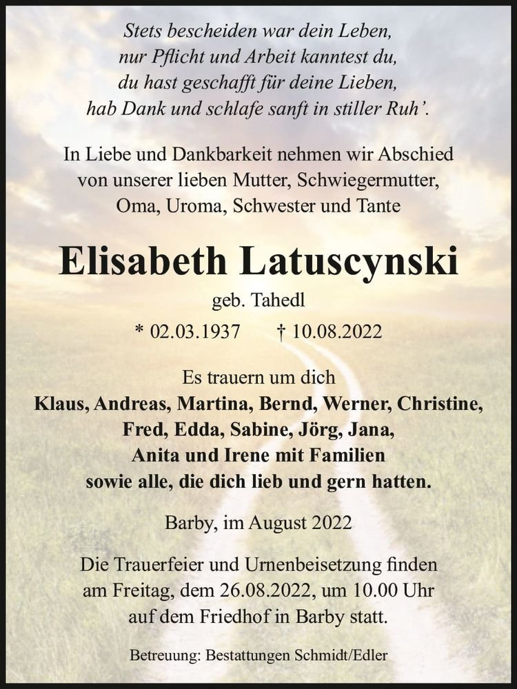  Traueranzeige für Elisabeth Latuscynski (geb. Tahedl)  vom 20.08.2022 aus Magdeburger Volksstimme