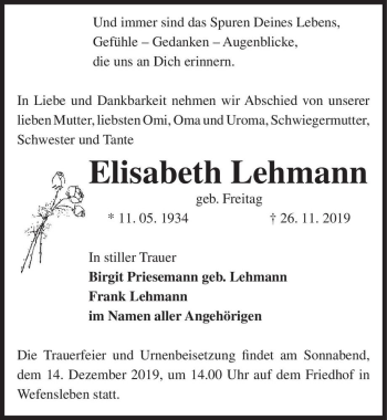 Traueranzeige von Elisabeth Lehmann (geb. Freitag)  von Magdeburger Volksstimme