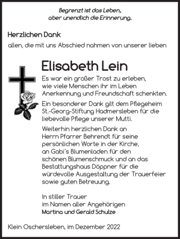 Traueranzeige von Elisabeth Lein  von Magdeburger Volksstimme