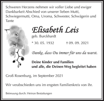 Traueranzeige von Elisabeth Leis (geb. Burckhardt)  von Magdeburger Volksstimme