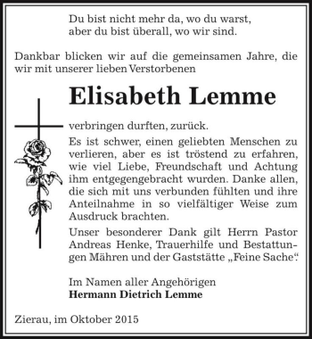Traueranzeige von Elisabeth Lemme  von Magdeburger Volksstimme