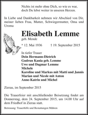 Traueranzeige von Elisabeth Lemme (geb. Mende)  von Magdeburger Volksstimme