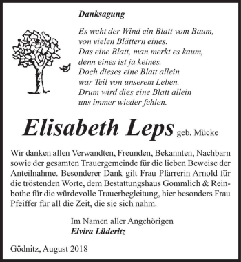 Traueranzeige von Elisabeth Leps (geb. Mücke)  von Magdeburger Volksstimme