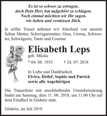 Traueranzeige von Elisabeth Leps (geb. Mücke)  von Magdeburger Volksstimme