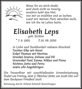 Traueranzeige von Elisabeth Leps (geb. Richter)  von Magdeburger Volksstimme