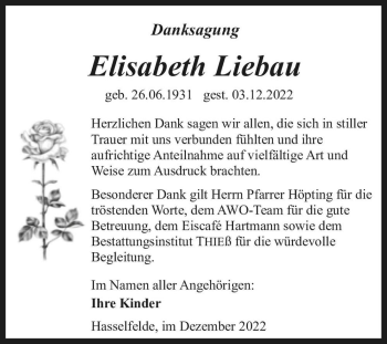Traueranzeige von Elisabeth Liebau  von Magdeburger Volksstimme