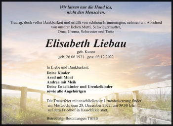 Traueranzeige von Elisabeth Liebau (geb. Kunze)  von Magdeburger Volksstimme