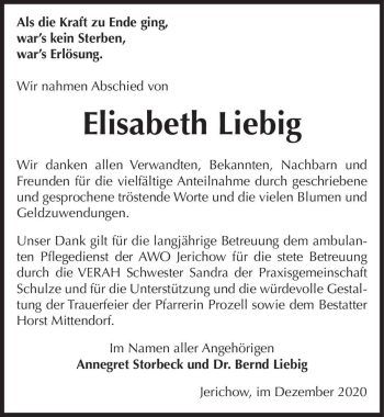 Traueranzeige von Elisabeth Liebig  von Magdeburger Volksstimme