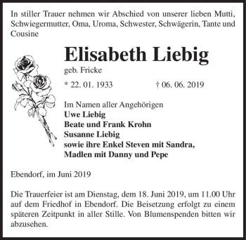 Traueranzeige von Elisabeth Liebig (geb. Fricke)  von Magdeburger Volksstimme