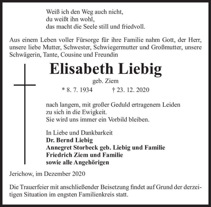  Traueranzeige für Elisabeth Liebig (geb. Ziem)  vom 29.12.2020 aus Magdeburger Volksstimme
