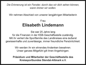 Traueranzeige von Elisabeth Lindemann  von Magdeburger Volksstimme
