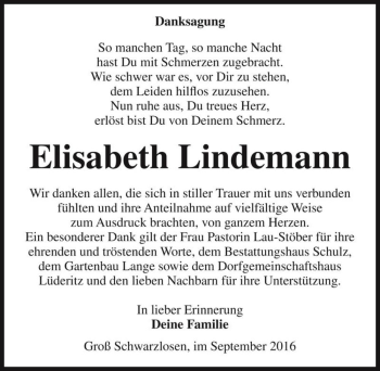 Traueranzeige von Elisabeth Lindemann  von Magdeburger Volksstimme