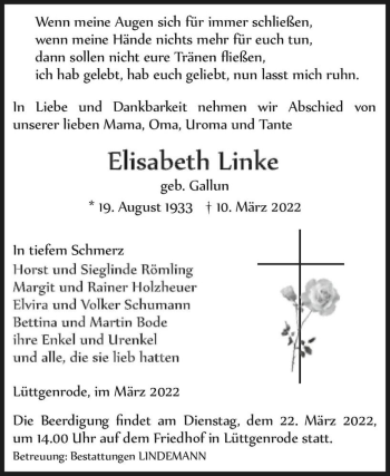 Traueranzeige von Elisabeth Linke (geb. Gallun)  von Magdeburger Volksstimme