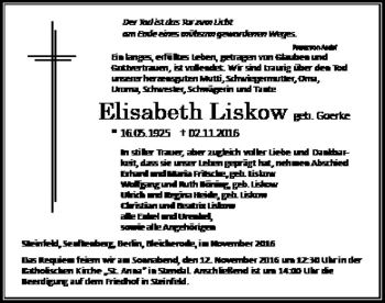 Traueranzeige von Elisabeth Liskow (geb. Goerke)  von Magdeburger Volksstimme