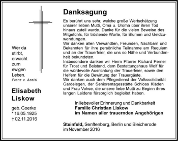 Traueranzeige von Elisabeth Liskow (geb. Goerke)  von Magdeburger Volksstimme