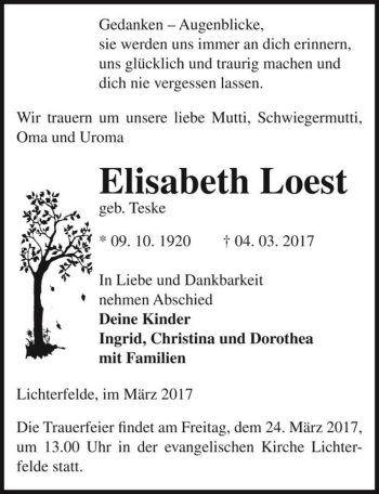 Traueranzeige von Elisabeth Loest (geb. Teske)  von Magdeburger Volksstimme