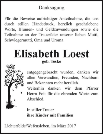 Traueranzeige von Elisabeth Loest (geb. Teske)  von Magdeburger Volksstimme