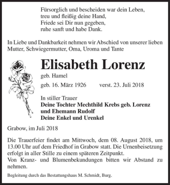 Traueranzeige von Elisabeth Lorenz (geb. Hamel)  von Magdeburger Volksstimme