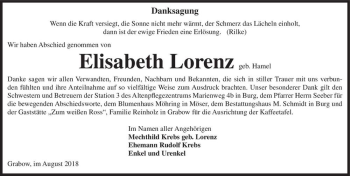 Traueranzeige von Elisabeth Lorenz (geb. Hamel)  von Magdeburger Volksstimme
